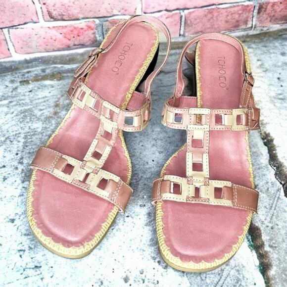 Tchocco Made In Brazil Womens 8 Pink And Cream Heeled leather Sandals new - Picture 1 of 6